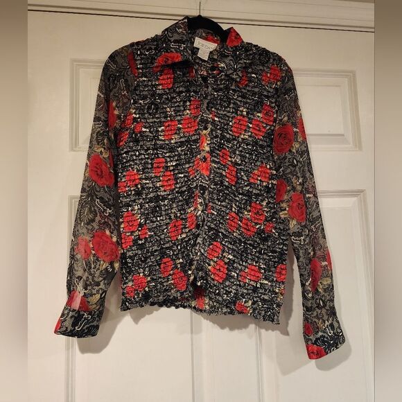 NWT Jordan black, white, and red floral button up blouse with sheer sleeves - Picture 1 of 7